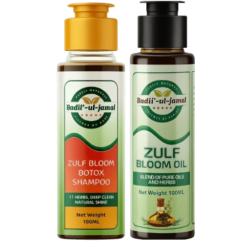 Zulf Bloom Care Bundle featuring 100ml herbal shampoo and 100ml organic oil for hair nourishment and shine